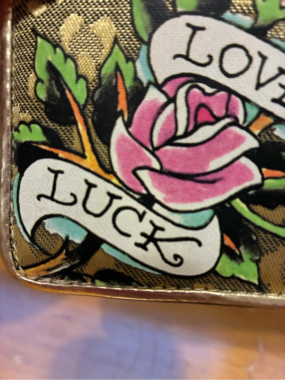 Ed Hardy Floral Tattoo Print Women's Clutch Wallet - Pink, Orange, Green - Picture 2 of 12